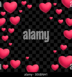 Beautiful 3d heart background for Valentine`s Day or wedding. Romantic love symbols composition isolated on dark transparent backdrop Stock Vector
